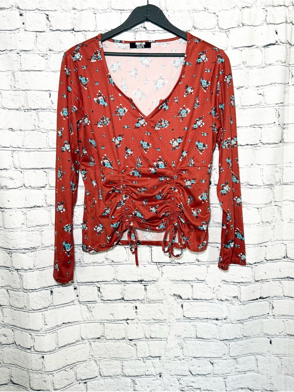 Rust Floral V-Neck Ruched Long-Sleeve Top.